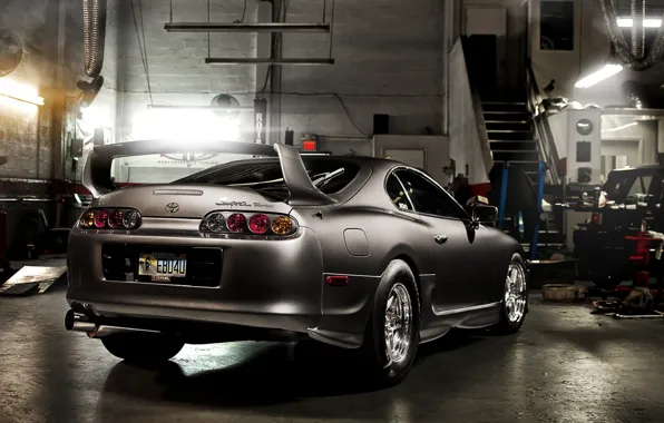 Picture grey, tuning, garage, sports car, Toyota, drives, rear view, tuning, Supra, Toyota, Supra
