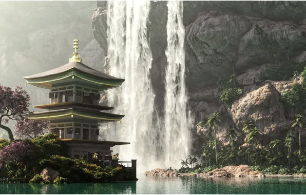 Picture water, mountains, waterfall, pagoda, flowering tree, 3DLandscapeArtist