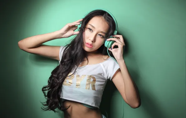 Picture girl, face, pose, music, background, hair, hands, headphones, Mike, Asian