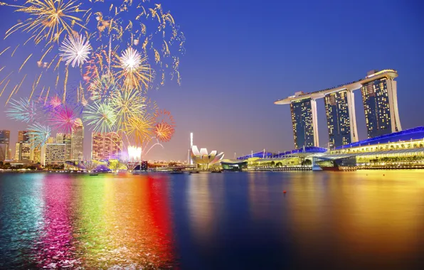 Picture the sky, night, the city, lights, holiday, backlight, Asia, Singapore, the hotel, fireworks, Singapore, fireworks