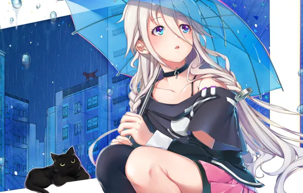 Picture girl, the city, rain, cats, home, umbrella, anime, art, vocaloid, megumoke