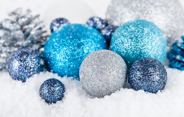 Picture winter, balls, snow, balls, toys, New Year, Christmas, blue, holidays, silver, Christmas, Christmas
