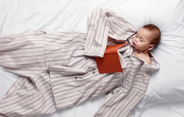Picture child, sleep, glasses, bed, book, pajamas