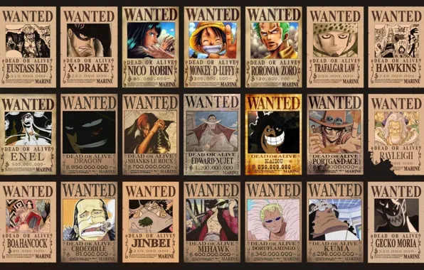 Picture Dragon, wanted, One Piece, Robin, pirates, Monkey D Luffy, Ace, Crocodile, Zoro, Luffy, Belly, Akuma …
