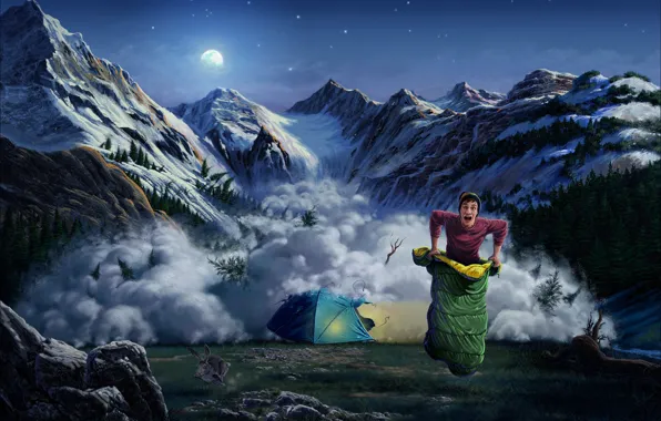 Picture mountains, hare, art, tent, guy, avalanche, sleeping bag