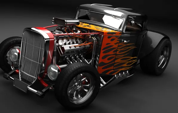 Picture engine, fire, flame, Hot Rod, classic car