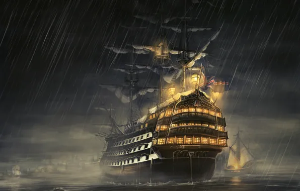 Picture sea, night, rain, ship, sailboat, rain, frigate