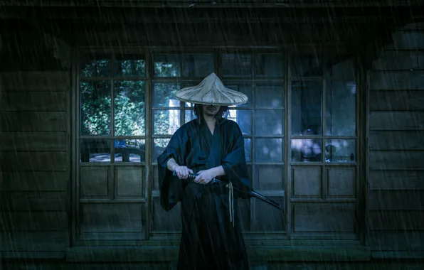 Picture background, rain, sword, katana, samurai, male