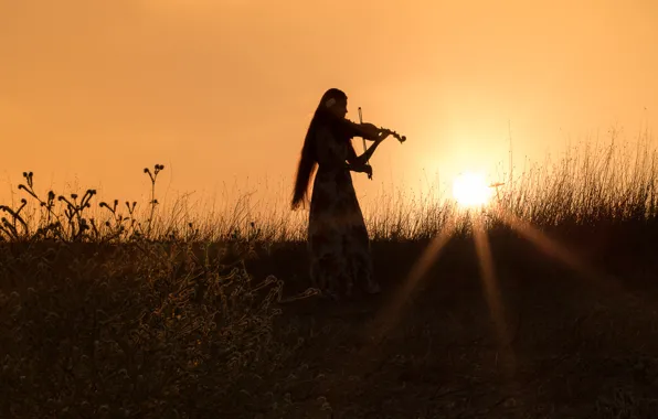 Picture field, grass, girl, sunset, mood, violin, the evening, dress, silhouette, the rays of the sun