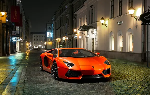 Picture Night, Lamborghini, Street, Orange, Building, LP700-4, Aventador, The front, Sports car