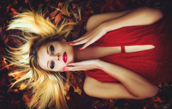 Picture autumn, look, leaves, girl, face, hands, makeup, dress, hairstyle, blonde, lies, in red, on earth