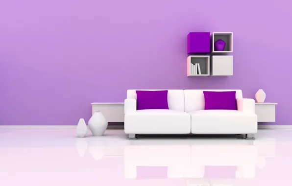 Picture sofa, pillow, vases, shelves