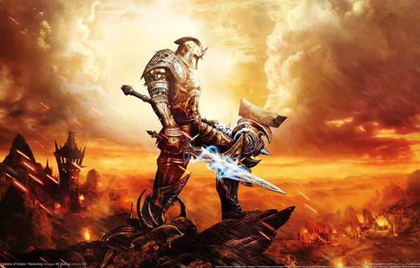 Picture weapons, rocks, fire, magic, sword, armor, hammer, warrior, Kingdoms of Amalur, Reckoning