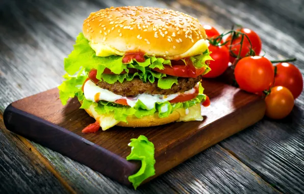 Picture leaves, cheese, bow, Board, vegetables, tomatoes, hamburger, Patty, roll, sesame, fast food, salad