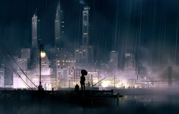 Picture night, the city, lights, rain, anime, pier, promenade