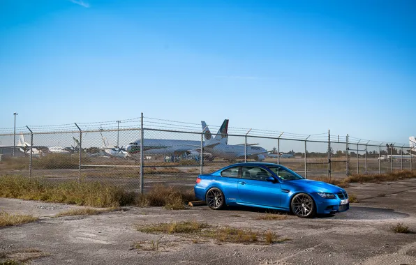 Picture blue, bmw, BMW, the fence, side view, blue, barbed wire, e92