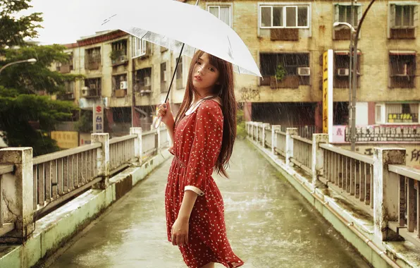 Picture look, girl, bridge, face, umbrella, rain, dress, Asian, weather