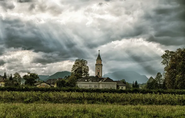 Picture field, the sun, clouds, mountains, village, Church