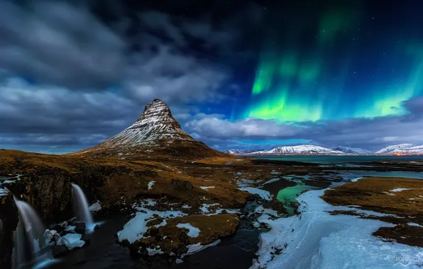 Picture snow, night, rocks, mountain, waterfall, Northern lights, the volcano, Iceland, Kirkjufell