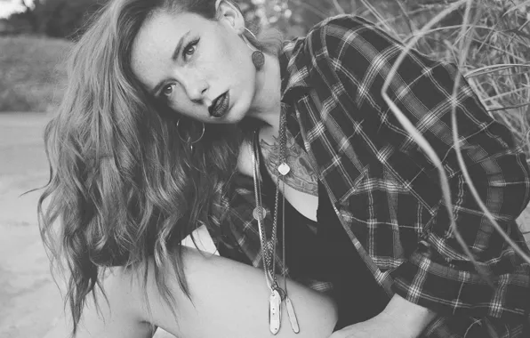 Picture girl, woman, model, tattoo, redhead, black and white, Hattie Watson, female, necklace, earring, b/w, flannel
