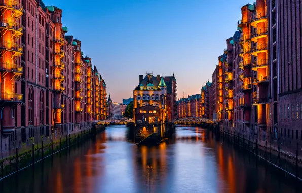 Picture light, the city, building, home, the evening, Germany, backlight, channel, bridges, Hamburg, Speicherstadt