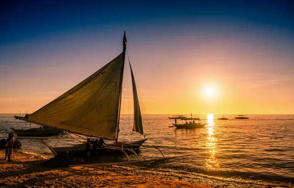 Picture sea, sunset, boats, Philippines, Philippines, Boracay, Boracay, paraw