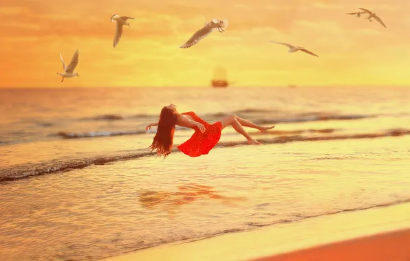 Picture Girl, Red, Sunset, Sea, Dress, Over, Livetation