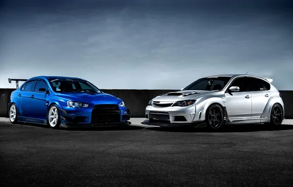 Picture Subaru, Impreza, Mitsubishi, Lancer, Evolution, blue, front, silvery, race car, kit, STi