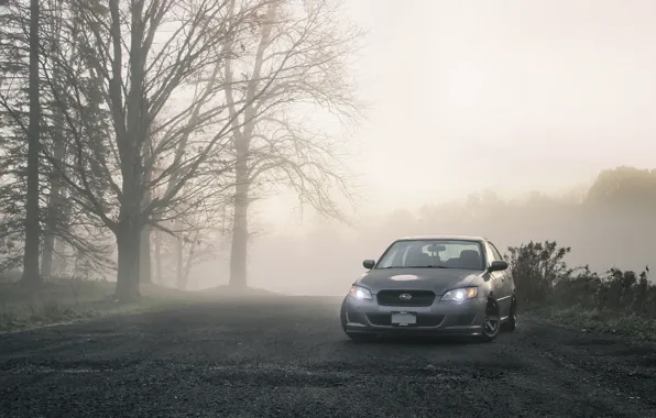 Picture road, trees, tree, cars, subaru, Subaru, legacy, fogs, photo machines, legacy