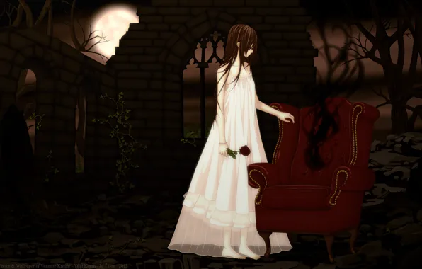 Picture trees, night, the moon, rose, chair, abandoned building, vampire knight, yuuki cross