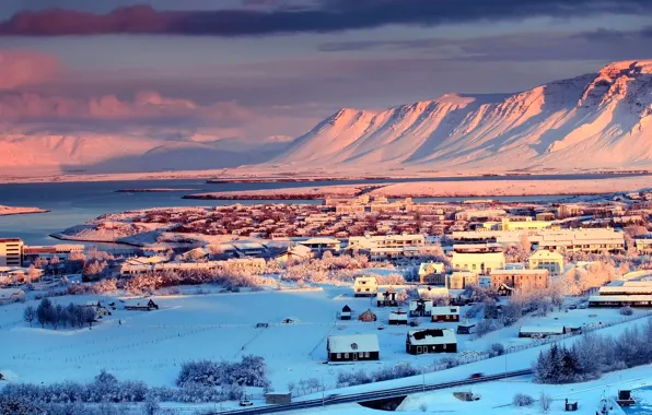 Picture winter, the sky, clouds, snow, trees, mountains, the city, river, houses, Iceland, capital, Reykjavik
