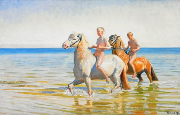 Picture sea, the sky, horse, picture, boy, bathing, Michael Ancher