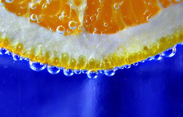 Picture water, bubbles, orange, slice, the air
