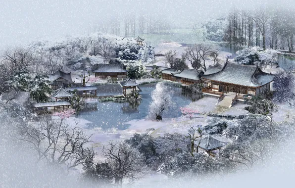 Picture winter, pond, village