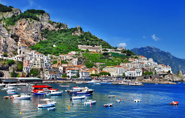 Picture sea, greens, nature, people, rocks, shore, coast, building, home, boats, Italy, Church, Italy, Amalfi, Amalfi, …