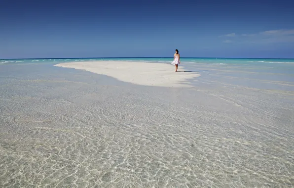Picture sand, beach, water, girl, clouds, background, the ocean, widescreen, Wallpaper, wallpaper, girl, the Maldives, beach, …