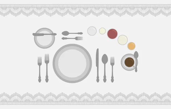 Picture table, plate, spoon, knife, Cup, plug, tablecloth