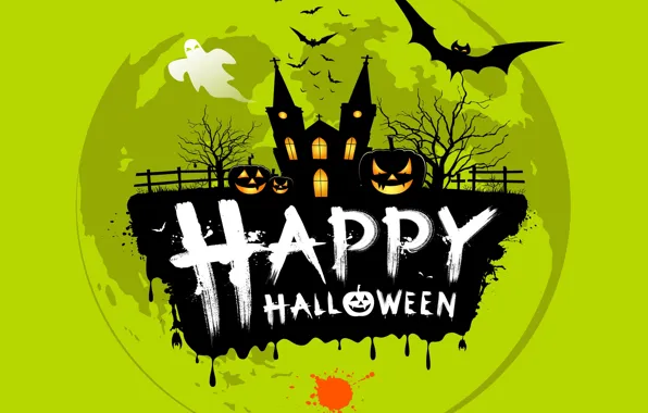 Picture trees, the inscription, blot, fence, Ghost, Church, pumpkin, Halloween, bats, Helloween, happy halloween