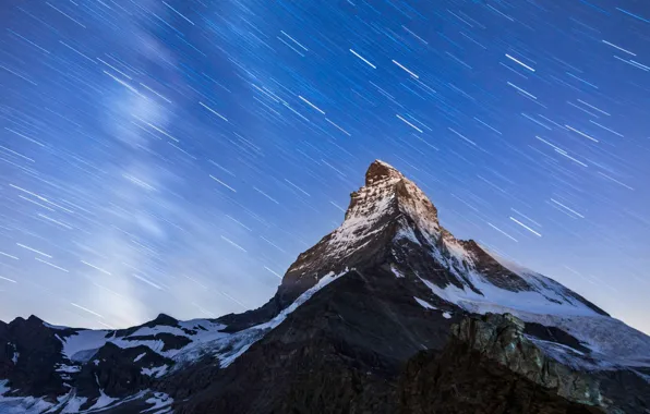 Picture the sky, stars, mountains, night, mountain, top, Matterhorn
