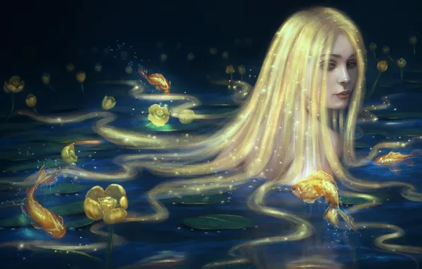 Picture look, water, girl, fish, mermaid, art, long hair, gold
