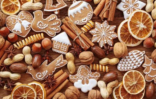Picture New Year, cookies, Christmas, sweets, nuts, cinnamon, Christmas, citrus, figures, cakes, holidays, New Year, spices, …