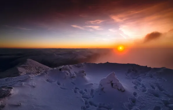 Picture sunset, mountains, nature, fog