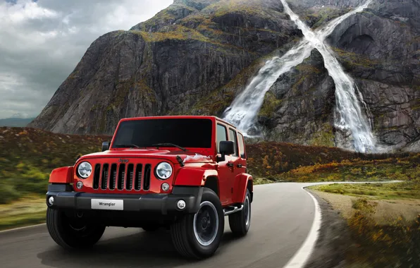 Picture road, machine, mountains, waterfall, jeep, car, Jeep, 2015, Wrangler X