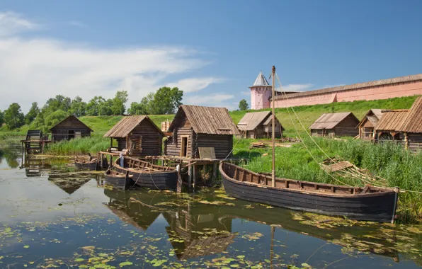Picture river, Wallpaper, tower, home, boats, the Kremlin, wallpaper, wooden, Kamenka, the city-reserve, Suzdal, Vladimir oblast
