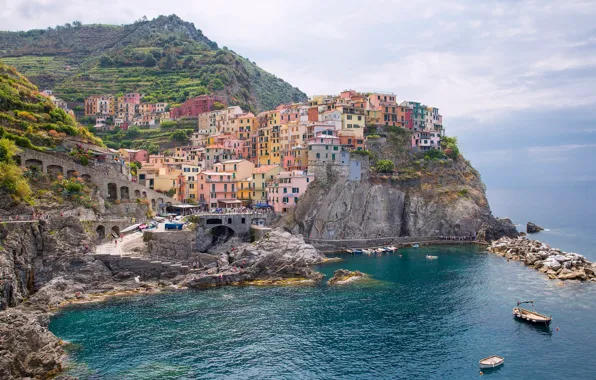 Picture sea, landscape, rocks, coast, building, Italy, Italy, The Ligurian sea, Manarola, Manarola, Cinque Terre, Cinque …