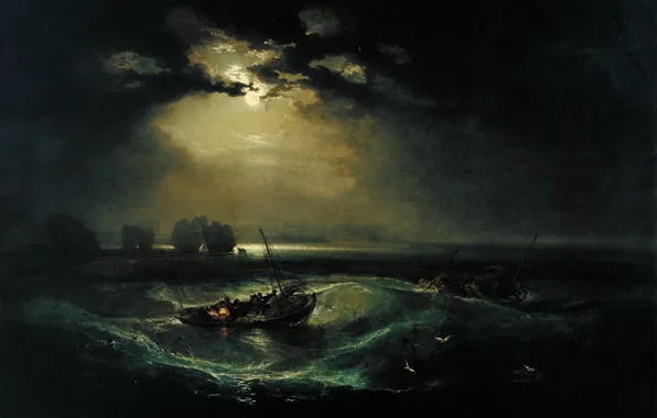 Picture wave, night, clouds, the moon, boat, picture, seascape, William Turner, Fishermen at Sea