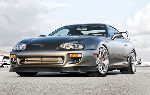 Picture the sky, clouds, reflection, Toyota, silver, Supra, aircraft, Toyota, supra, the front part, silvery