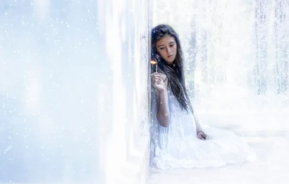 Picture cold, snow, fire, flame, ice, match, girl