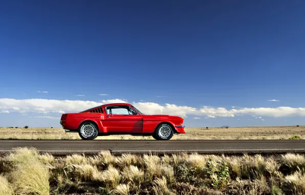 Picture road, field, the sky, grass, clouds, hills, Mustang, Ford, horizon, wheel, 1965, solar, side