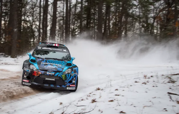Picture Ford, Winter, Trees, Snow, Turn, Ford, Skid, WRC, Rally, Fiesta